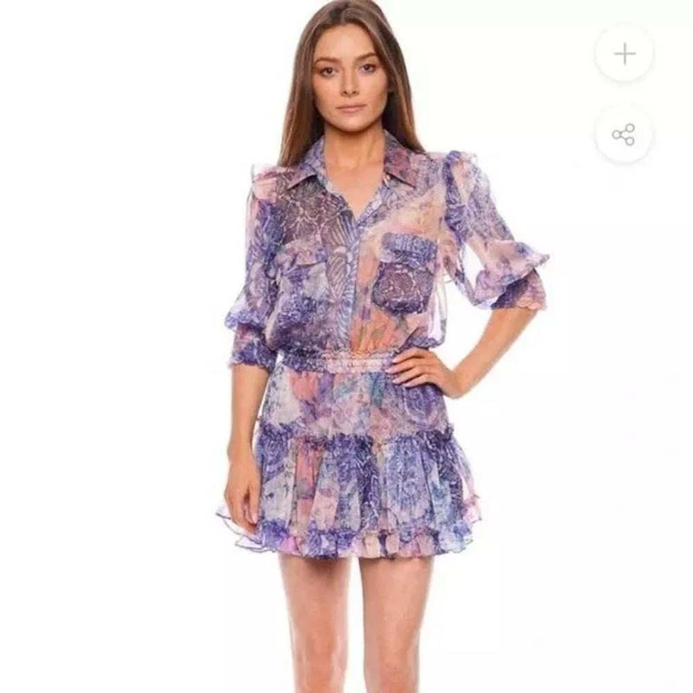 Misa Los Angeles Amelie Mini Dres Pink and Blue Patchwork